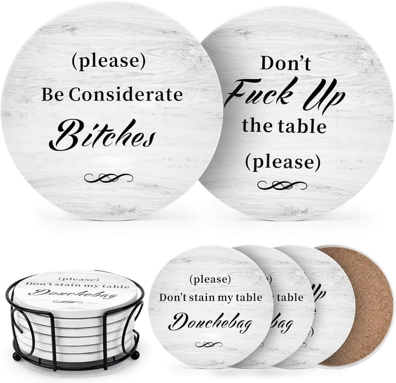 Funny Coaster Set for Adults - 6 with Holder, Gag Gifts