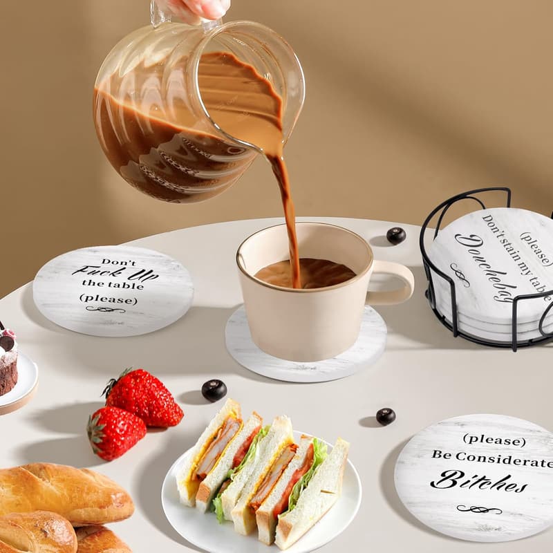 Funny Coaster Set for Adults - 6 with Holder, Gag Gifts