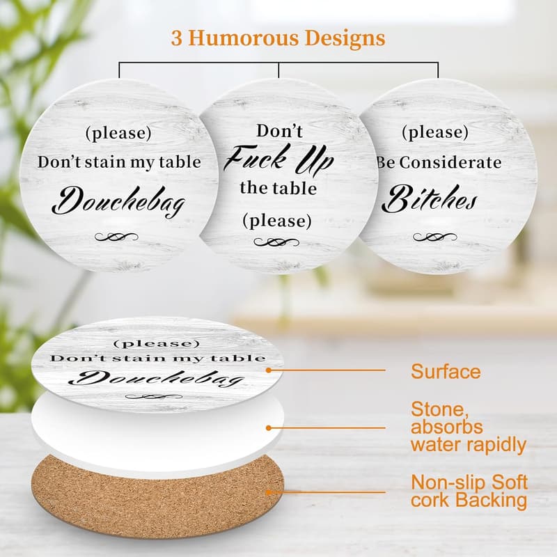 Funny Coaster Set for Adults - 6 with Holder, Gag Gifts