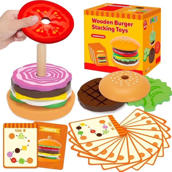 Wooden Burger Stacking Toys - Montessori Educational Gift for Kids