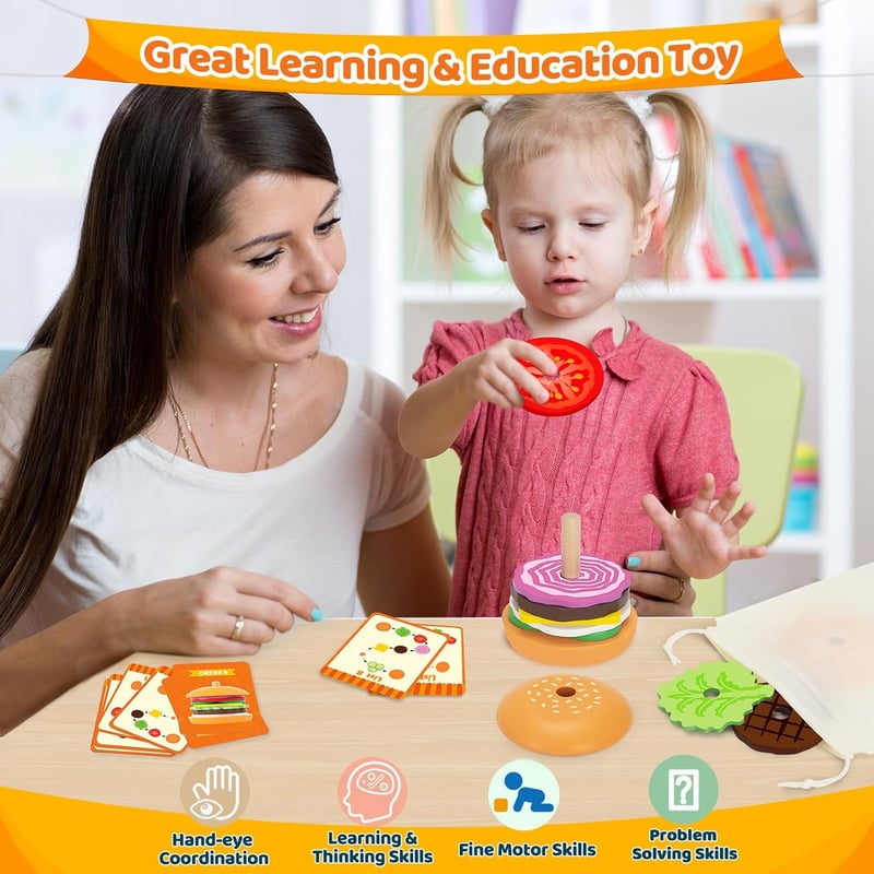 Wooden Burger Stacking Toys - Montessori Educational Gift for Kids