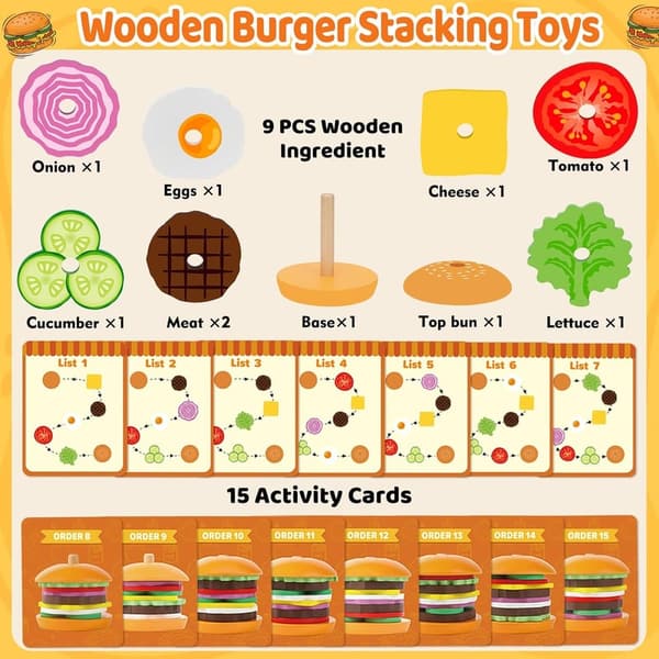 Wooden Burger Stacking Toys - Montessori Educational Gift for Kids