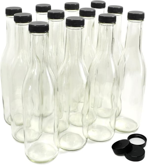12-Pack Clear Glass Woozy Bottles, 12 Oz with Extra Caps