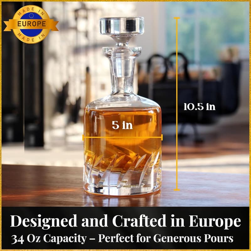 Elegant Hand-Blown Crystal Whiskey Decanter - 34 Fl. Oz