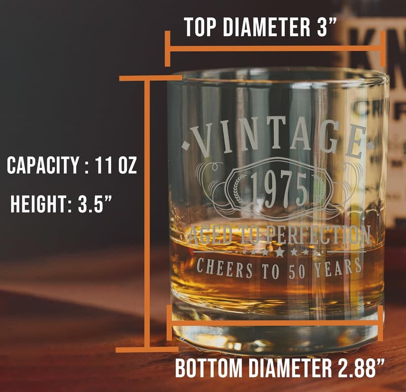 50th Birthday Vintage Etched Whiskey Glass Gift for Him