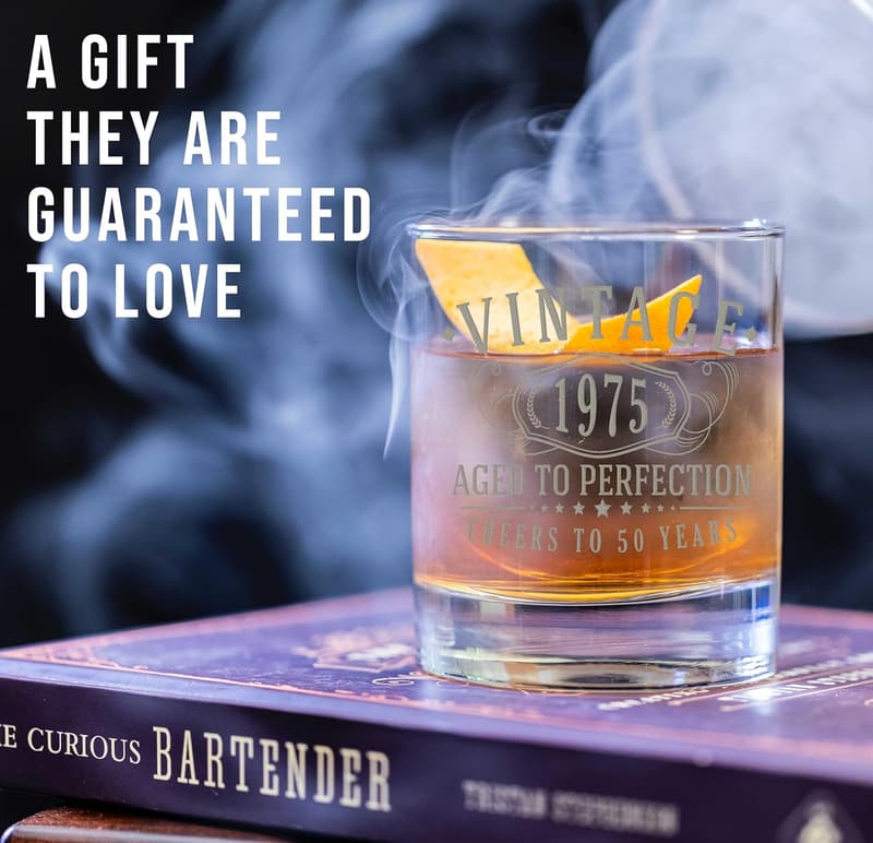 50th Birthday Vintage Etched Whiskey Glass Gift for Him