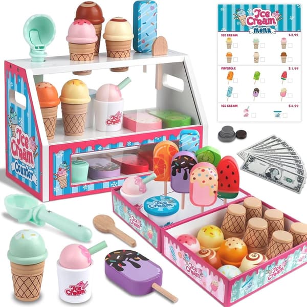 Kids Wooden Ice Cream Shop Playset with Counter & Accessories