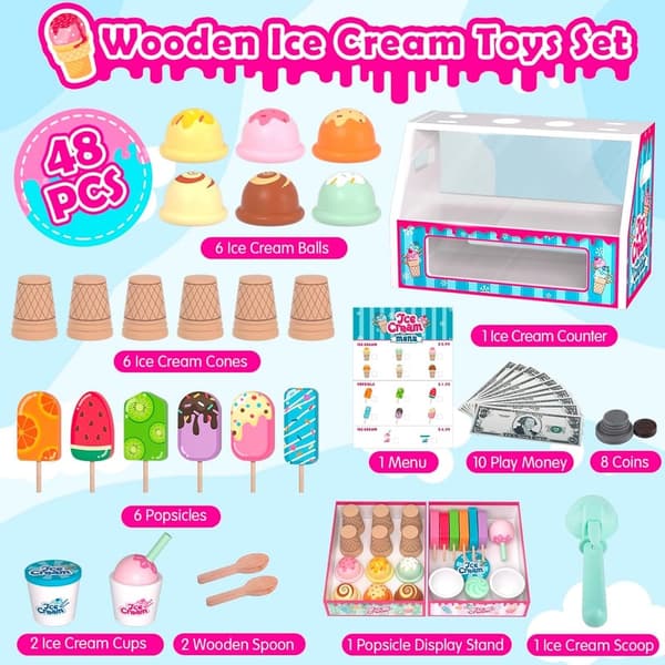 Kids Wooden Ice Cream Shop Playset with Counter & Accessories