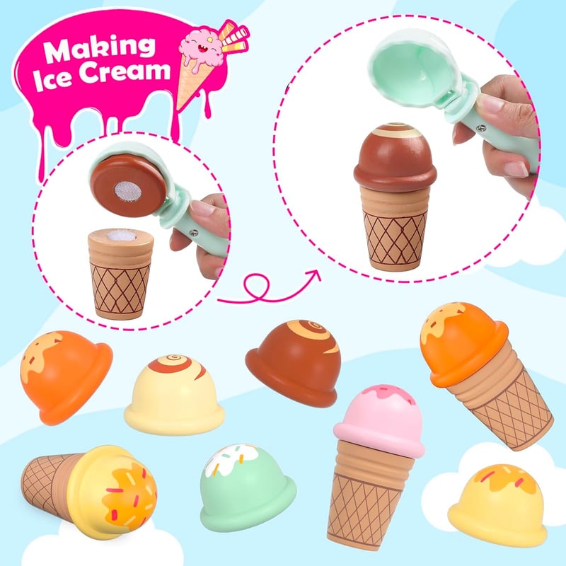 Kids Wooden Ice Cream Shop Playset with Counter & Accessories