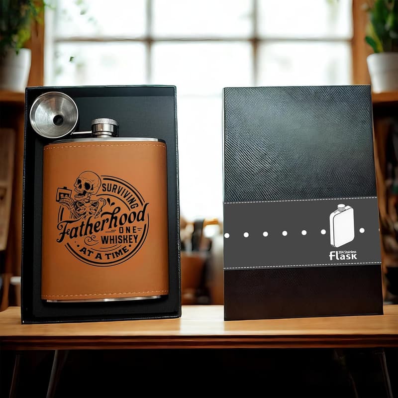 Men's 8oz Leather Whiskey Flask - Birthday & Retirement Gift