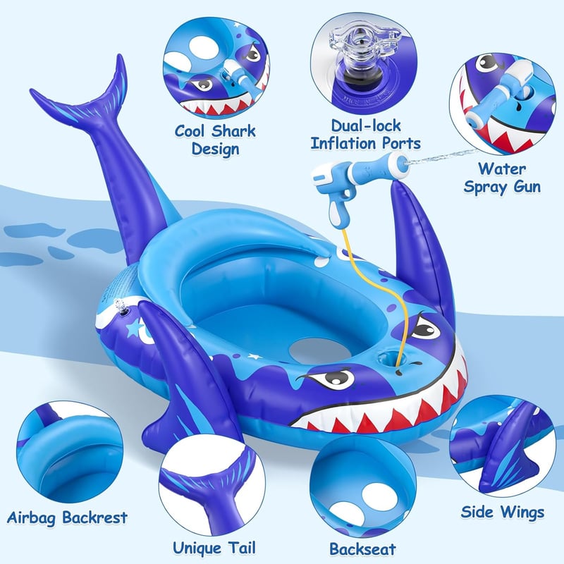 Shark Inflatable Pool Float with Water Gun for Kids 3-8 Years