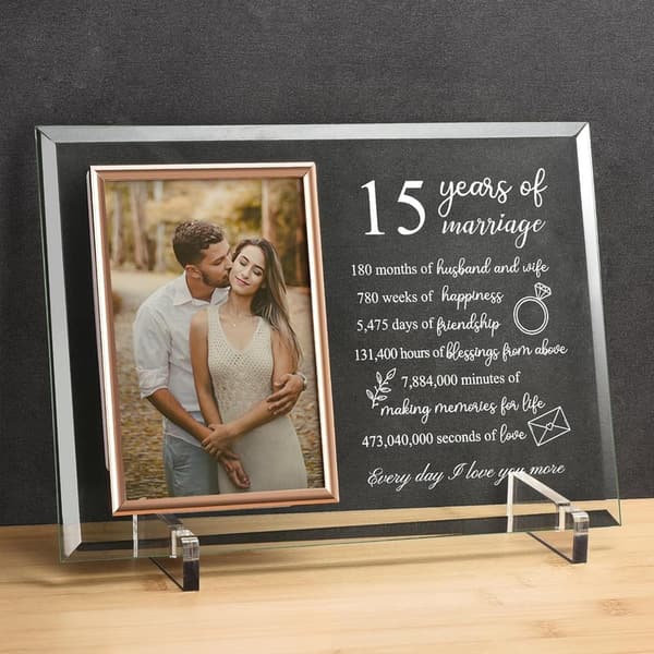 15th Anniversary Crystal Glass Picture Frame for Couples