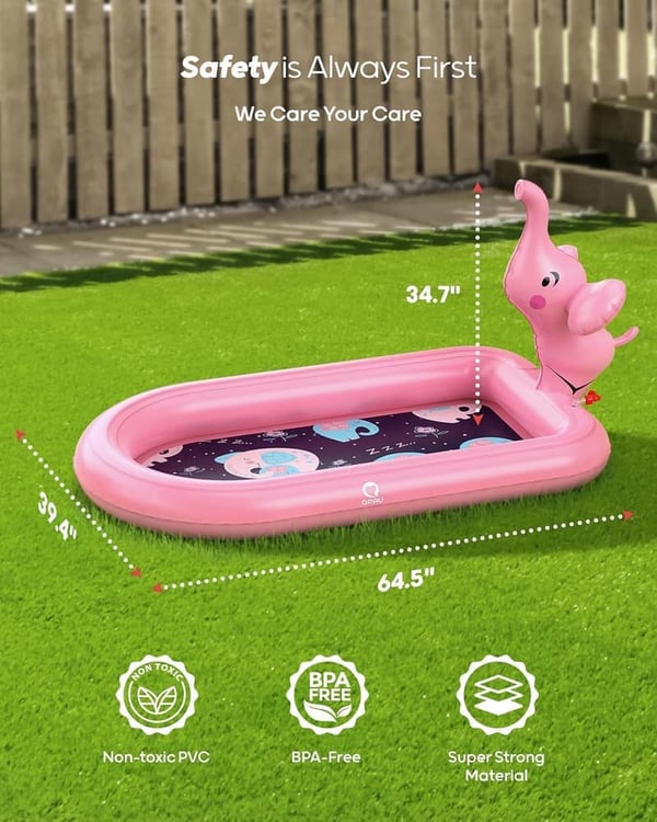 Pink Elephant Splash Pad for Toddlers, Inflatable Water Play Mat