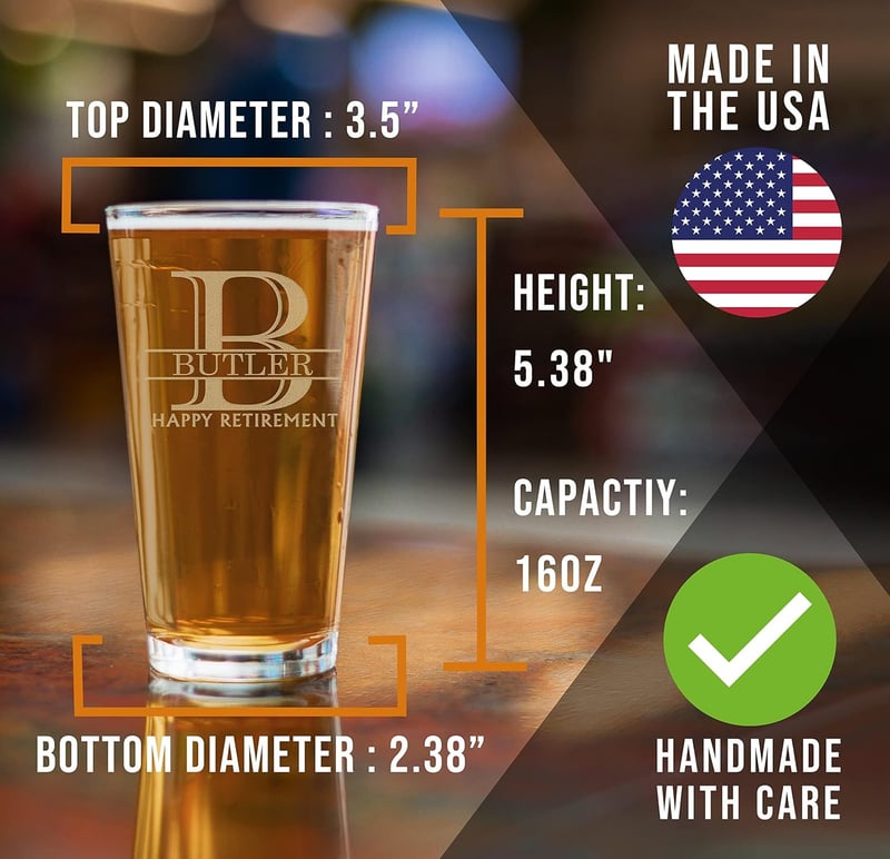 Personalized Etched Pint Glass - Custom Retirement Gift for Men