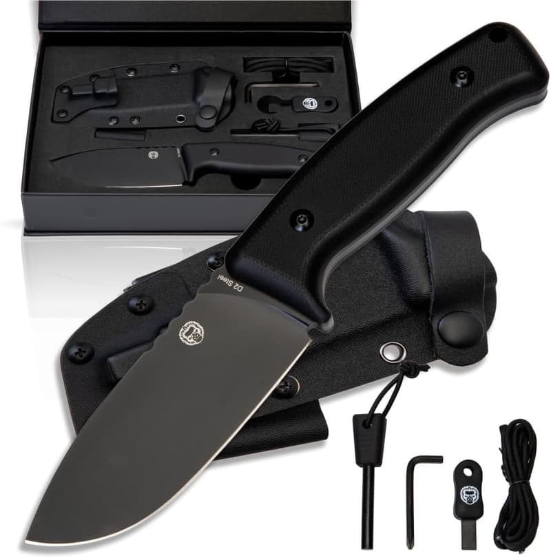 Black Fixed Blade Hunting Knife with Kydex Sheath - Bushcraft Ready