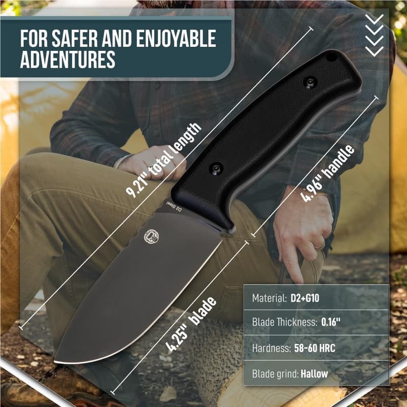 Black Fixed Blade Hunting Knife with Kydex Sheath - Bushcraft Ready