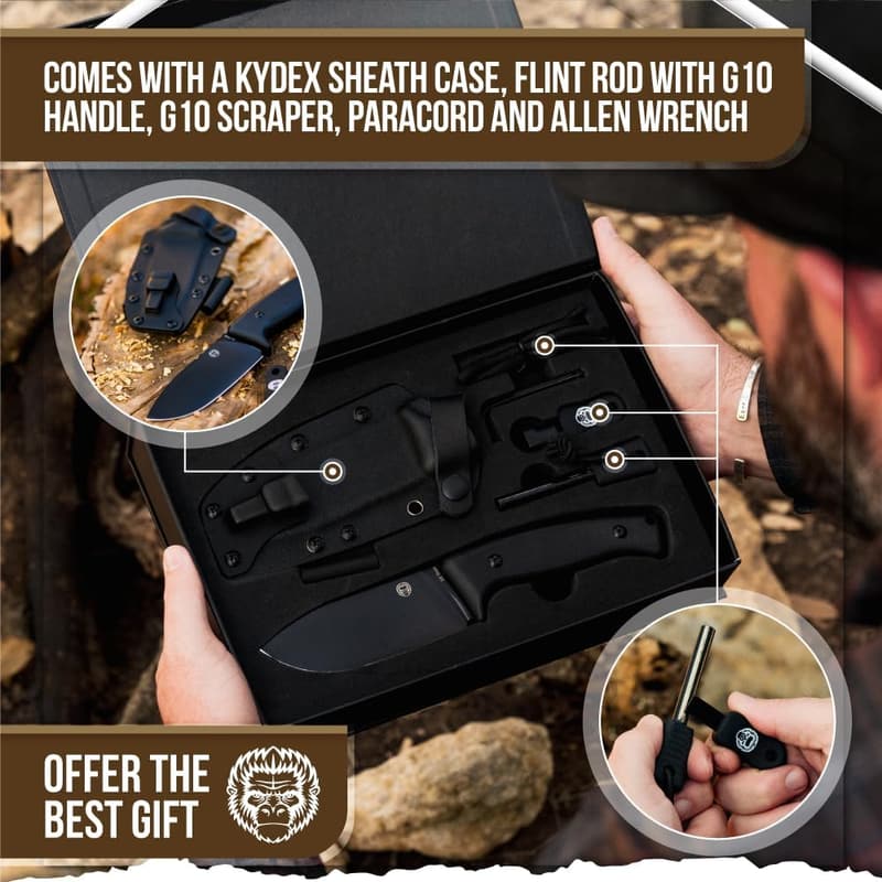 Black Fixed Blade Hunting Knife with Kydex Sheath - Bushcraft Ready