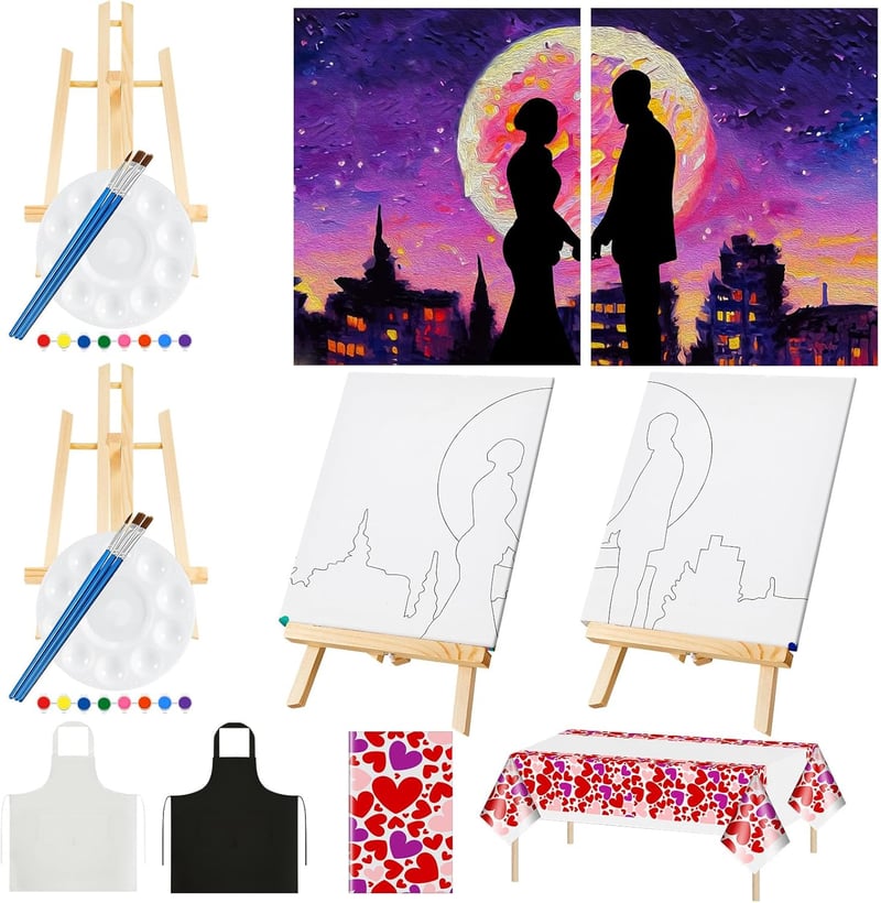 Valentine's Sip and Paint Kit for Couples – 13 Pcs Canvas Set