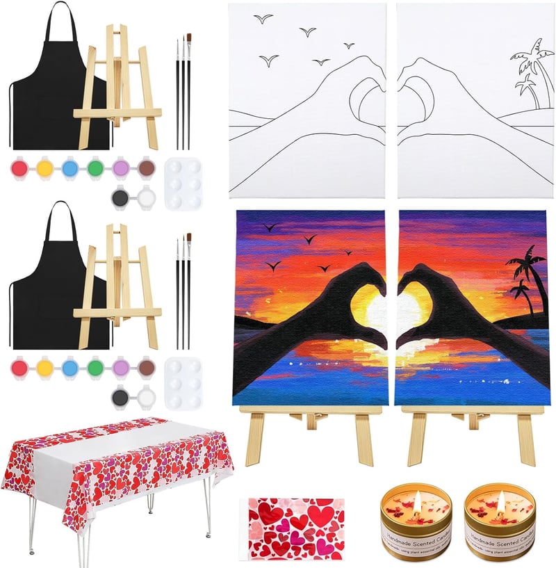Valentine's Day Couples Sip and Paint Kit - Pre-Drawn Canvas Set