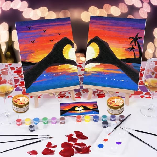 Valentine's Day Couples Sip and Paint Kit - Pre-Drawn Canvas Set