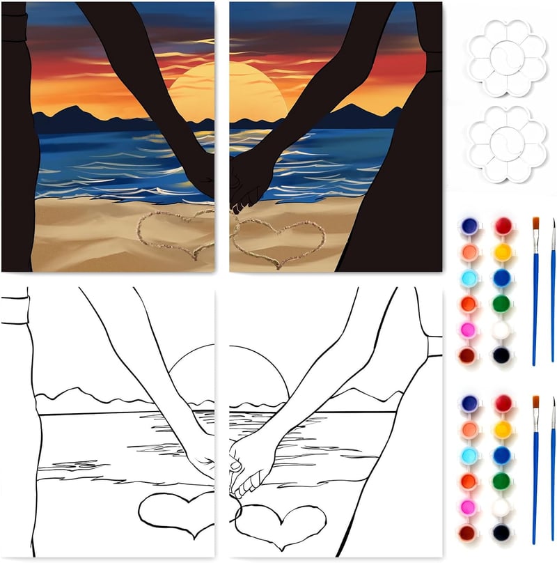 Valentine's Day Couple Painting Kit - Pre-Drawn Canvas Set (2 Pack)