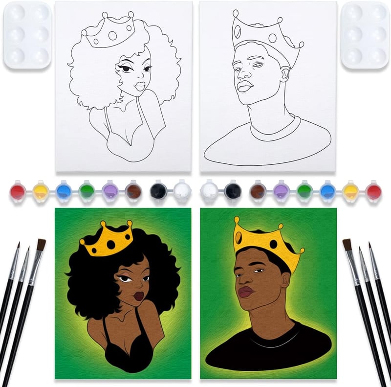 Paint and Sip Kit for Couples - Pre-Drawn Canvas Art Set (2 Pack)