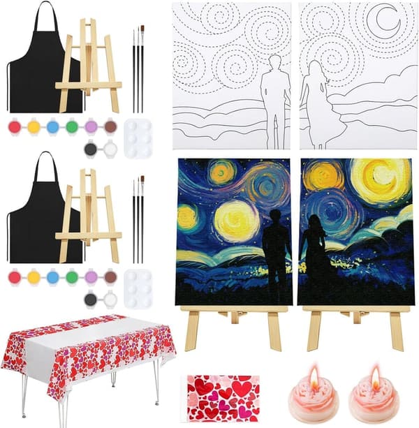 Valentine's Day Sip and Paint Kit for Couples - 2 Pre-Drawn Canvases