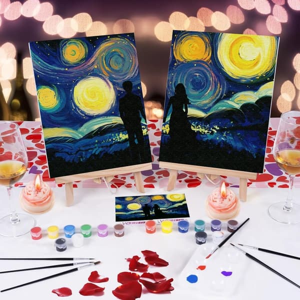 Valentine's Day Sip and Paint Kit for Couples - 2 Pre-Drawn Canvases