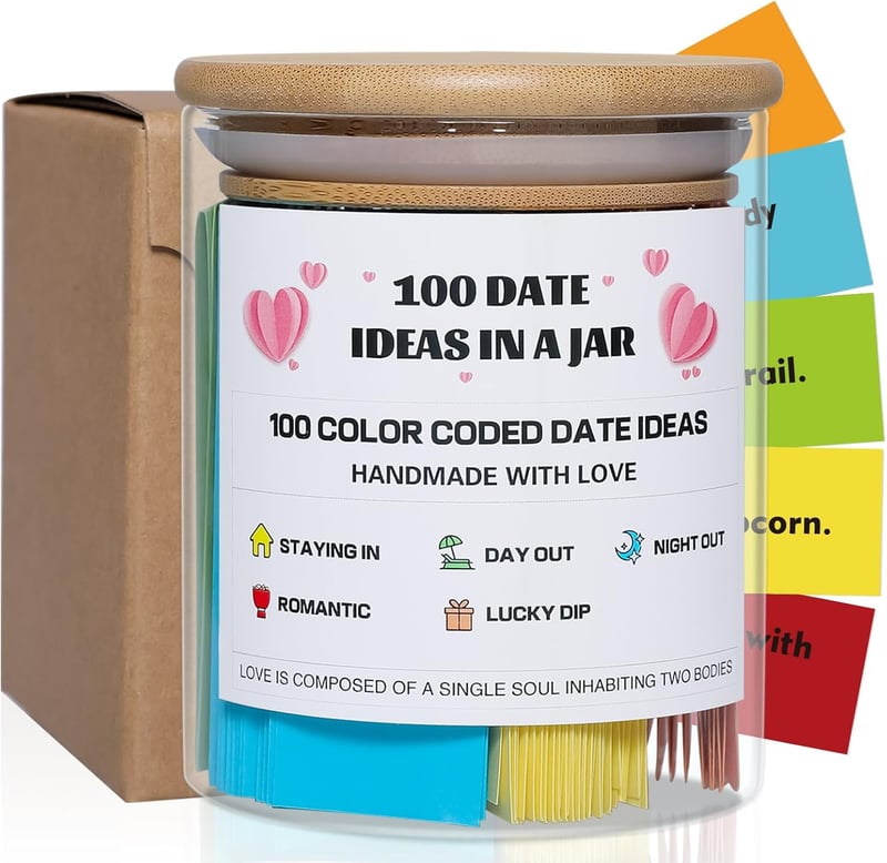 Date Night Ideas Jar - 100 Color-Coded Budget-Friendly Ideas for Couples