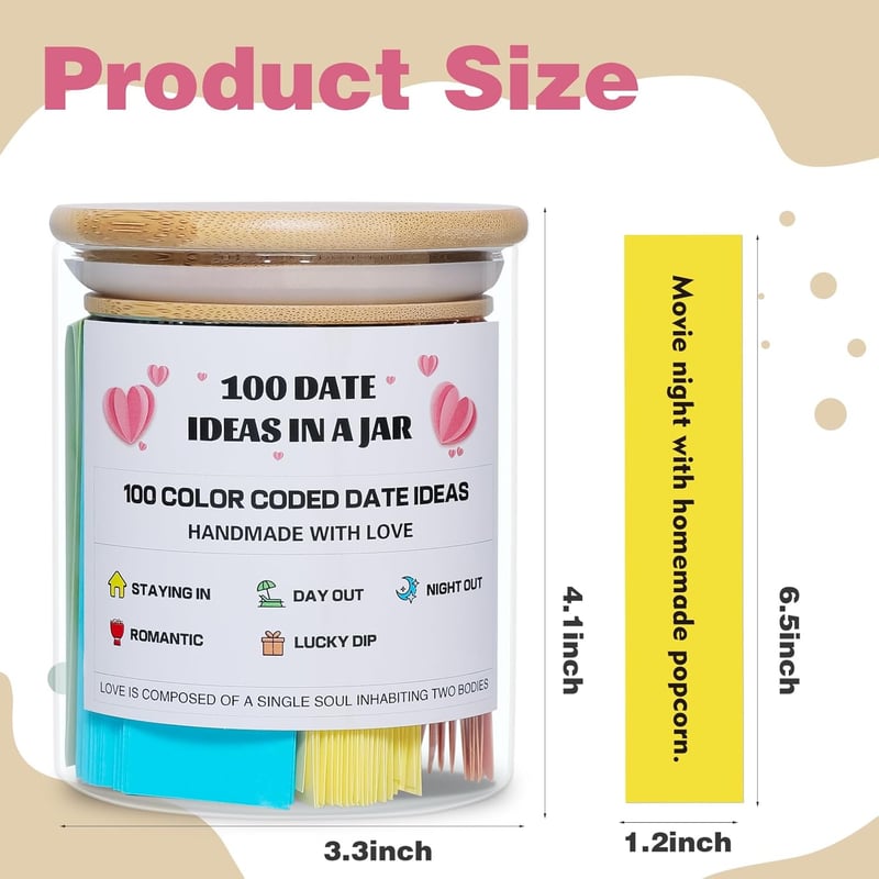 Date Night Ideas Jar - 100 Color-Coded Budget-Friendly Ideas for Couples