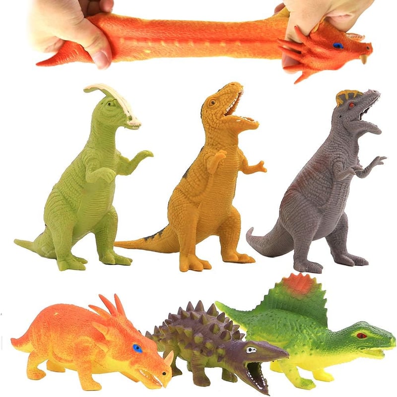 Dinosaur Party Favors Set - 6 Stretchy Toy Figures with Gift Bag