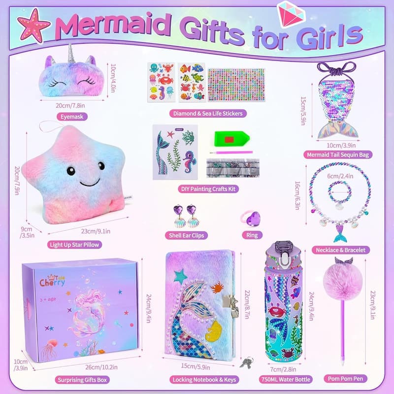 Mermaid Birthday Gift Set for Girls with Light-Up Pillow & DIY Kits