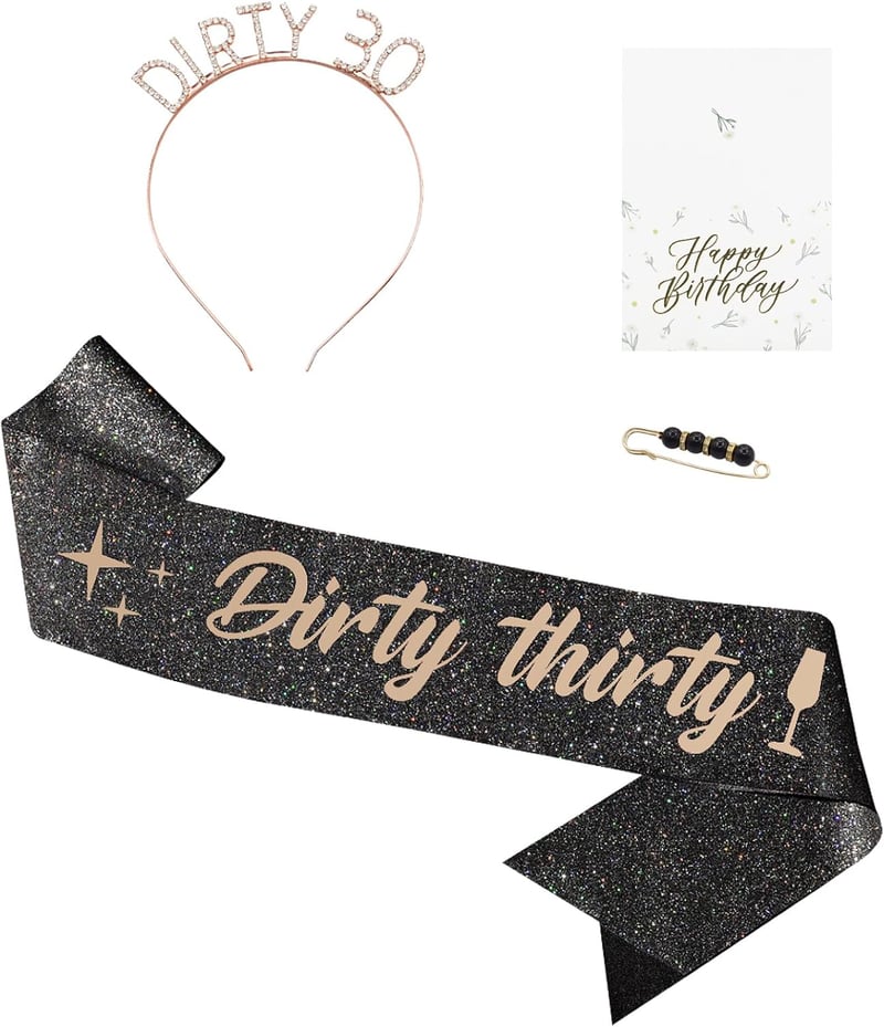 30th Birthday Decorations: Sash, Headband, Pearl Pin & Card