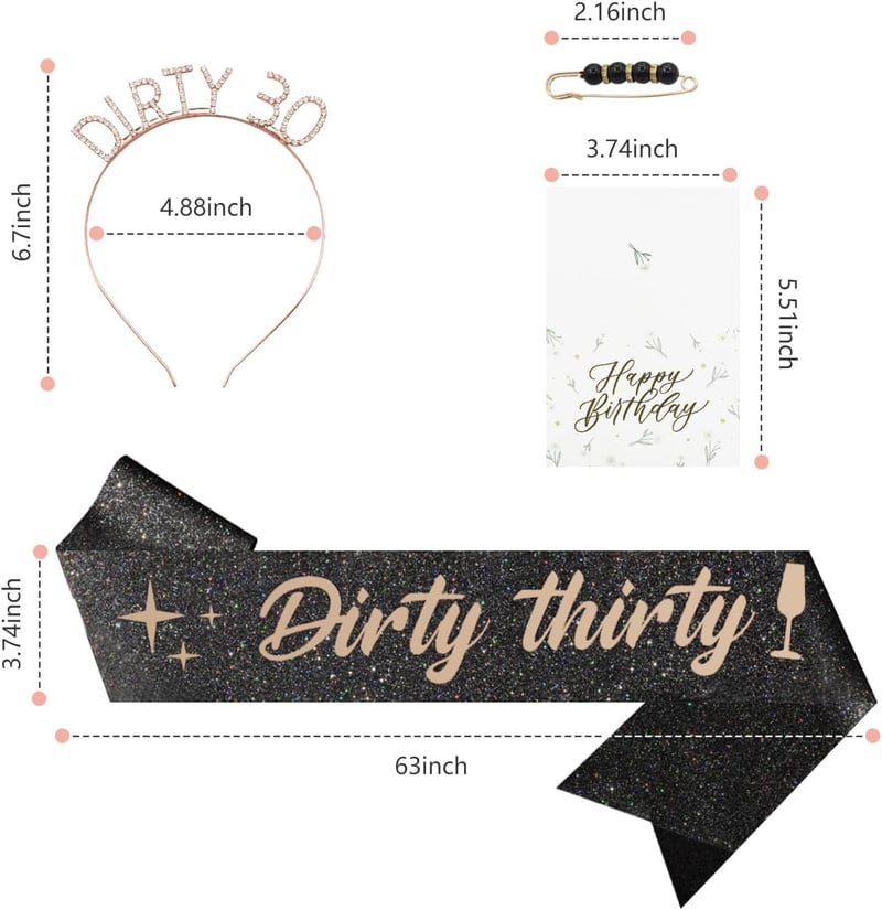 30th Birthday Decorations: Sash, Headband, Pearl Pin & Card