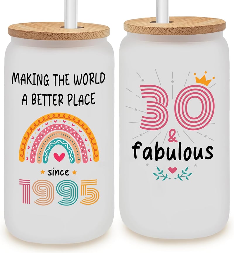 30th Birthday Frosted Glass Cup with Lid & Straw