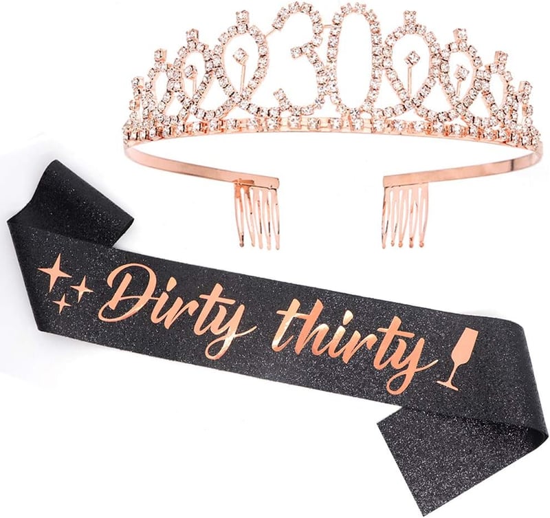 30th Birthday Sash & Rhinestone Tiara Set - Black/Rose Gold