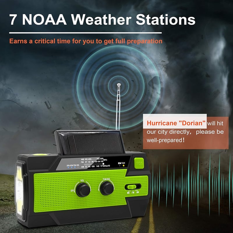 Portable Solar Hand Crank Weather Radio with Flashlight & Charger