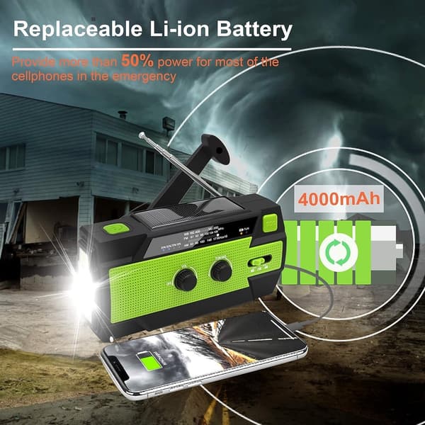 Portable Solar Hand Crank Weather Radio with Flashlight & Charger