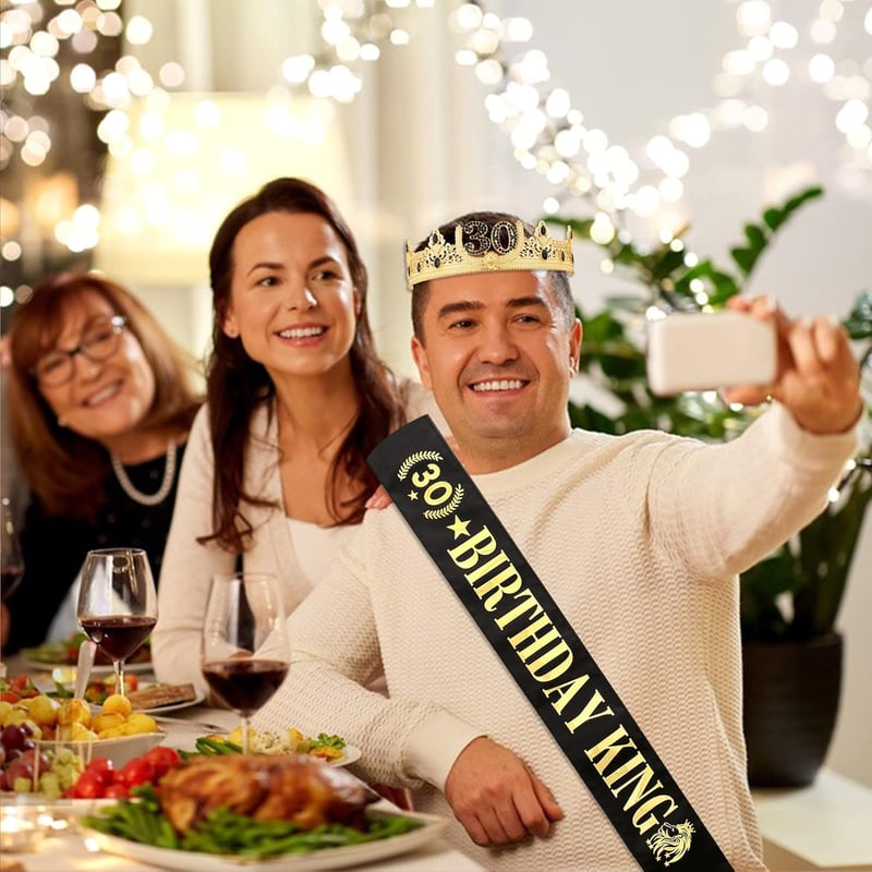 30th Birthday King Crown & Sash Set for Men (Gold)