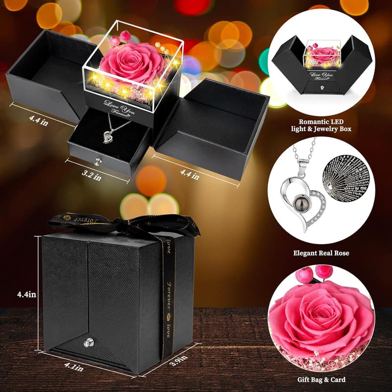 Eternal Pink Rose Gift with I Love You Necklace for Mom