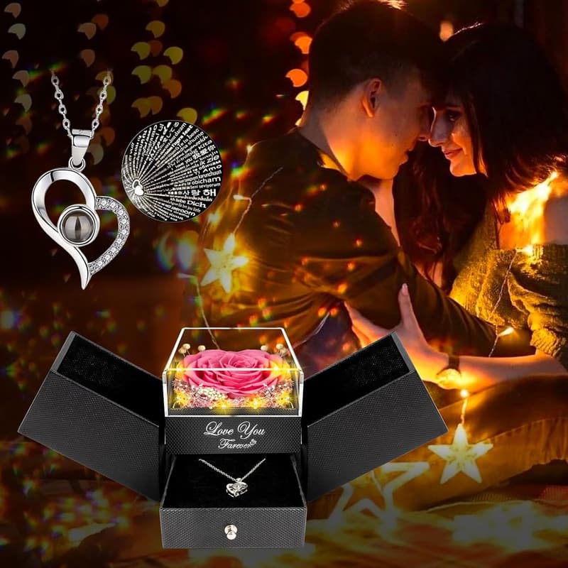 Eternal Pink Rose Gift with I Love You Necklace for Mom
