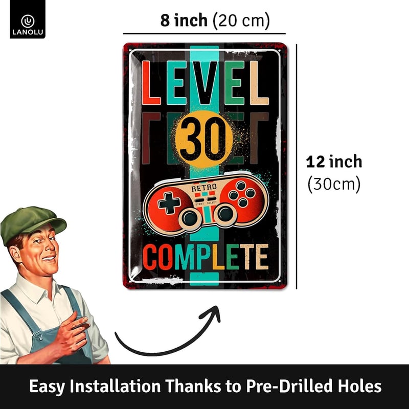 30th Birthday Vintage Tin Sign - LEVEL 30 Gift for Him