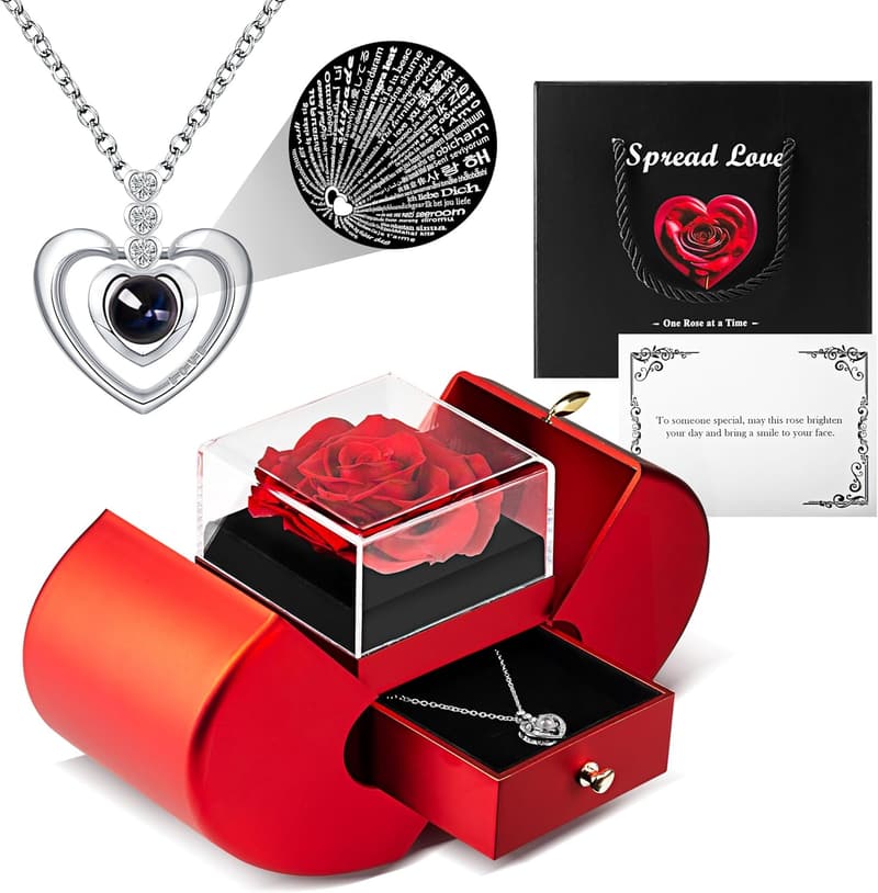 Eternal Preserved Rose with 'I Love You' Necklace - Birthday Gift for Her