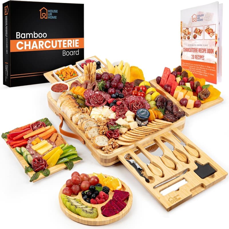 Housewarming Gift Set: Large Bamboo Charcuterie Board with Knives & Bowls