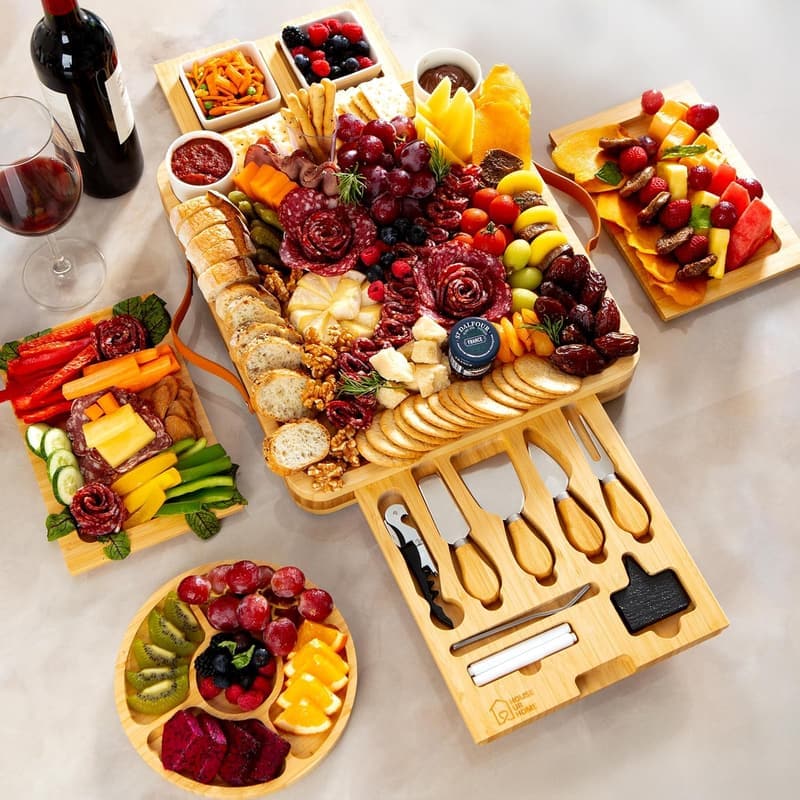 Housewarming Gift Set: Large Bamboo Charcuterie Board with Knives & Bowls
