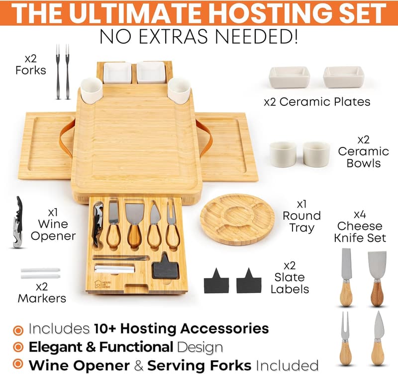 Housewarming Gift Set: Large Bamboo Charcuterie Board with Knives & Bowls