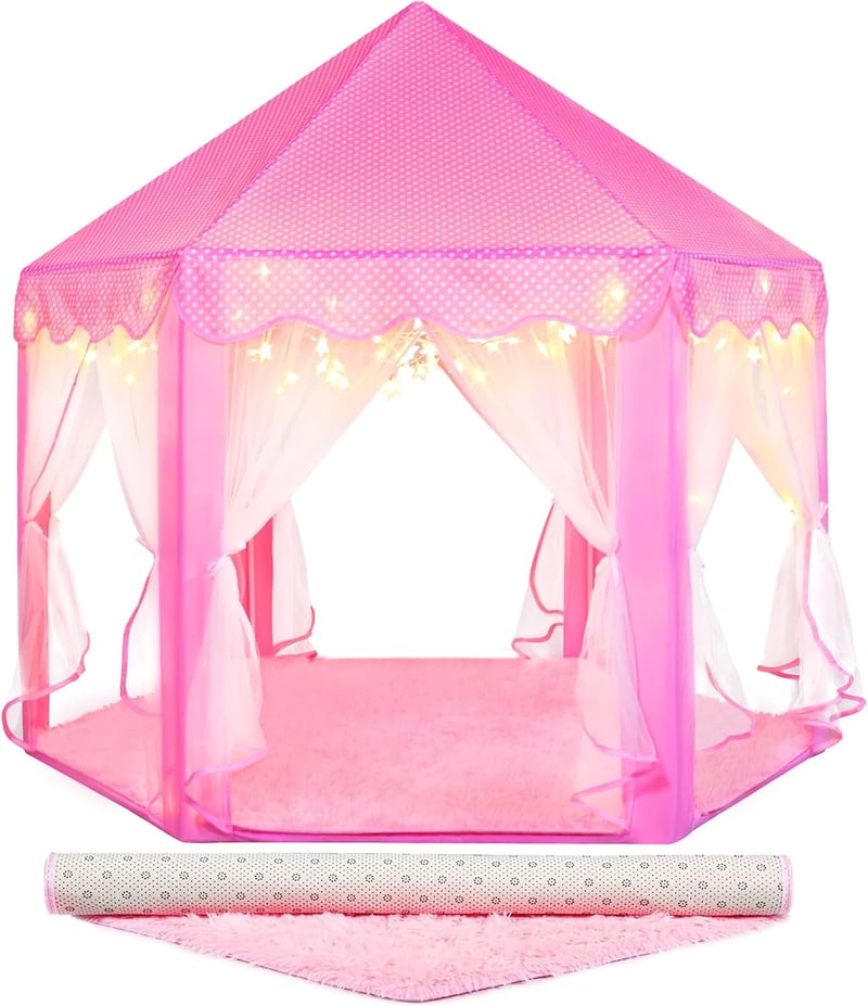 Pink Princess Tent Playhouse for Girls with Rug and Star Lights