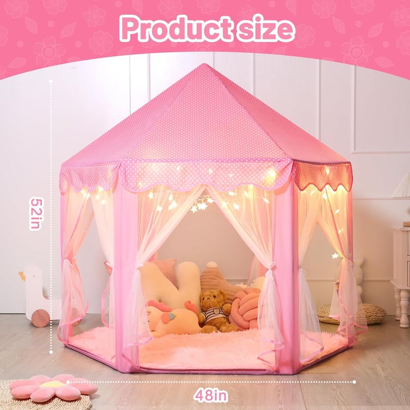 Pink Princess Tent Playhouse for Girls with Rug and Star Lights