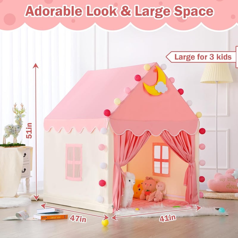 Princess Tent Playhouse for Kids with Star Lights & Mat (Pink)