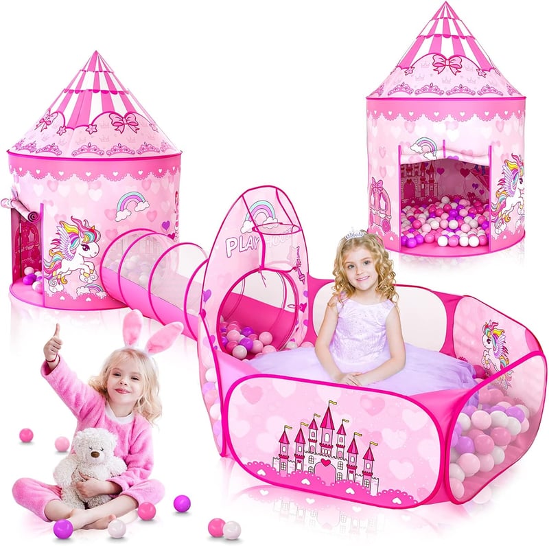 Pink Princess Tent Playhouse with Ball Pit & Crawl Tunnel for Kids